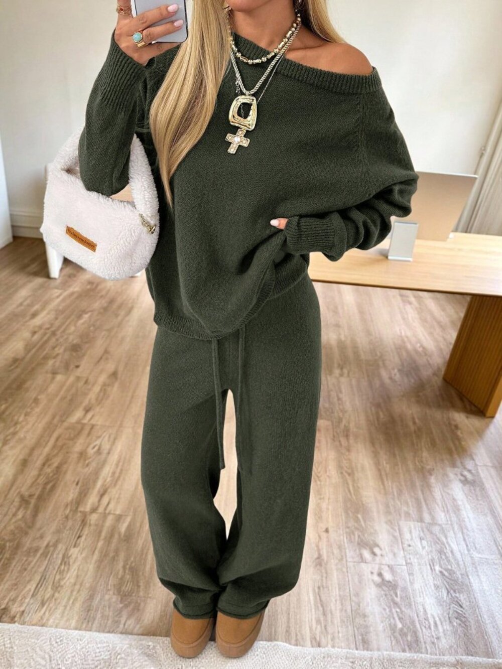 Olive Green Casual Women's Drawstring Rib-Knit Drop Shoulder Long Pants